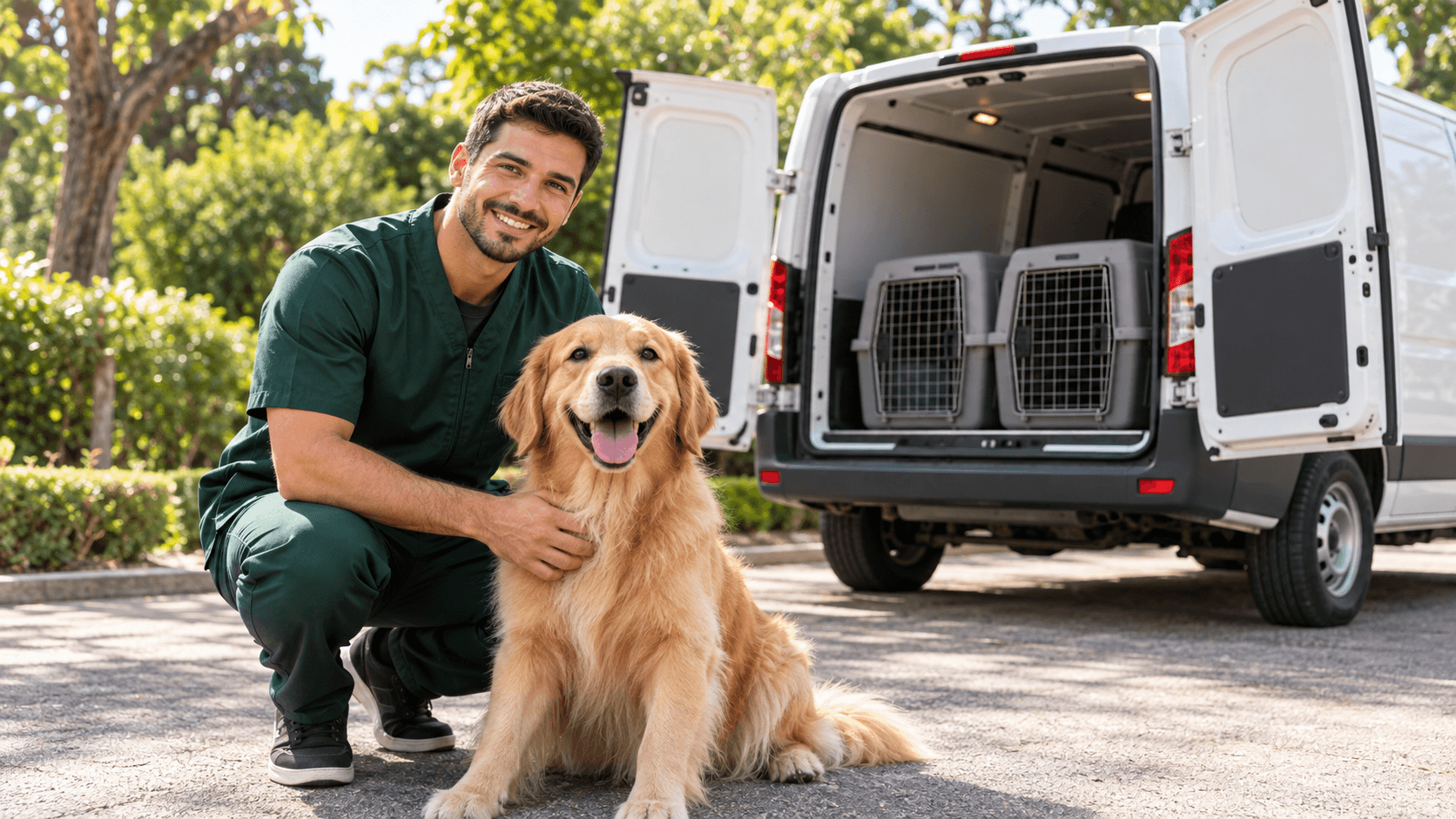 Profissional do PetLimpo ao lado da van de leva e traz com um cachorro